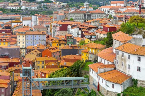 Rooftops of historic buildings in Ribeira area, city of Porto, Portugal