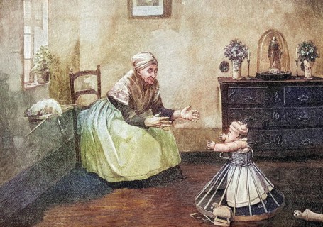 Toddler with walking aid taking his first steps towards his grandmother, coloured wood engraving,