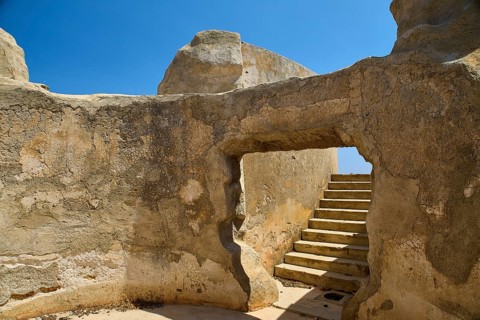 Entrance to ruined structure with stairs and blue sky, Lost Place, Air Defence Position, Aerophone,