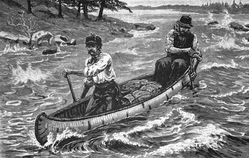 With the boat through the rapids, around 1870, Canadian canoeists, digital reproduction of a