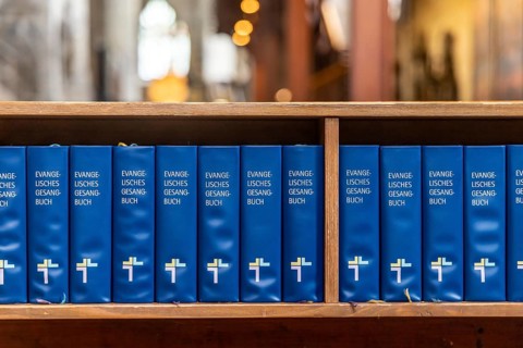 Protestant hymnal. Church of St Michael in Schwabisch Hall, Baden-Württemberg, Germany