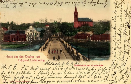 Historical postcard, picture postcard, Oder bridge in the spa town of Tschicherzig in Silesia,