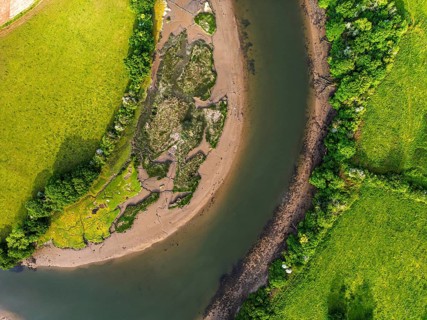 Top Down over Marshes over River Dart from a drone, Stoke Gabriel, Totnes, Devon, England, United