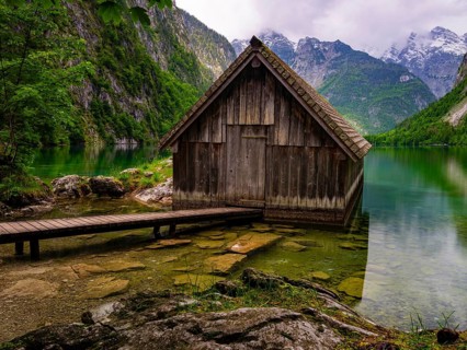 Boathouse at the Obersee near Königssee in the Berchtesgaden National Park, Schönau am Königssee,