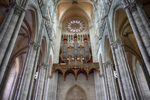 Interior view, west gallery, main organ, rose window, Cathédrale Notre-Dame d'Amiens, Amiens,