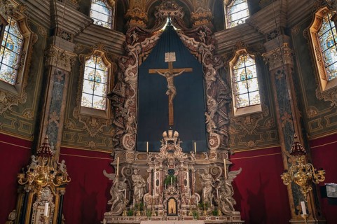 Altar with Lenten cloth, 18th century, in Mariae Cathedral, Brixen, South Tyrol, Northern Italy