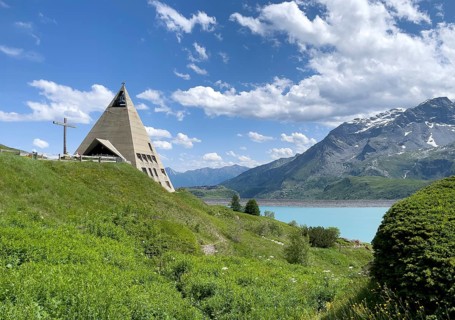 View to the left of the Mont Cenis Pyramid Museum Musée Museo Mont Cenis in the background dam wall