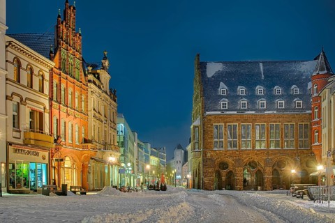 Market place winter snow illuminated Minden Germany