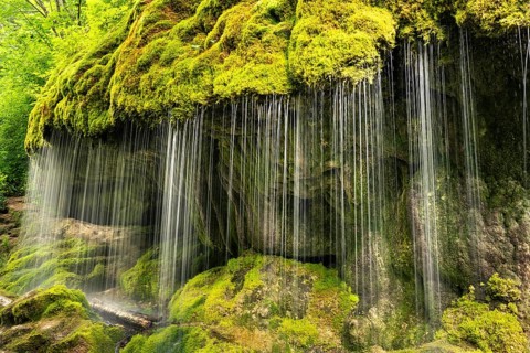 The Dietfurt waterfall, moss and stones, long exposure, Wutach Gorge, Black Forest,