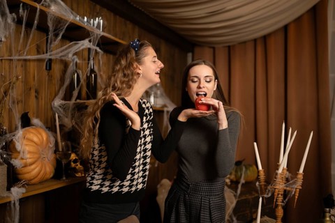 Two friends are playfully engaging in a Halloween celebration, surrounded by festive decorations.