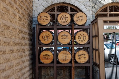 Wooden whiskey barrels on display in downtown Lynchburg, Tennessee
