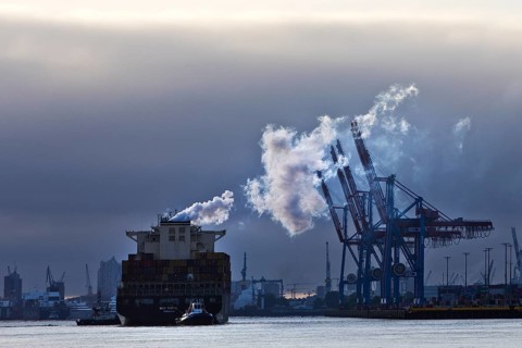 Container ship MSC Tokyo with two small tugs near the Burchardkai container terminal in the Port of