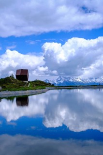Garnet Chapel, Mario Botta, with snow pond Finkenberg, Penken, Mayrhofen, Zillertal, Tyrol, Austria