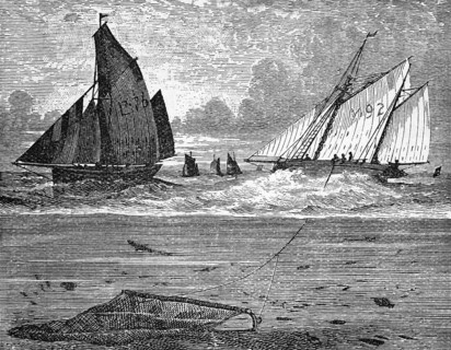 Underwater view of a trawl net attached to a fishing boat (boat), English fishing waters, around