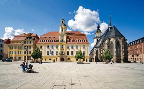 Baroque town hall, Protestant late Gothic St. Mary's Church, town church, and Mohren Pharmacy,