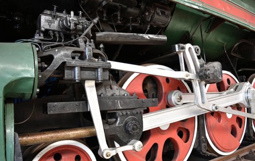 Driving wheels of the express train, steam locomotive P36 123 in the Prora Museum,
