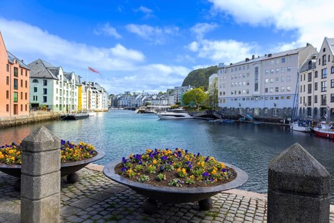 Alesund, port town on the west coast of Norway famous for Art Nouveau architecture and fjords