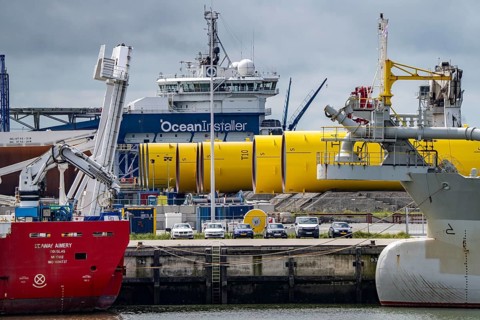 The seaport of Eemshaven, Julianahaven Basin, where the foundation structures, monopiles, for
