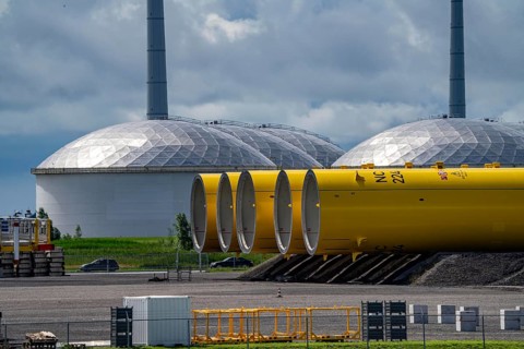 The seaport of Eemshaven, Julianahaven Basin, where the foundation structures, monopiles, for