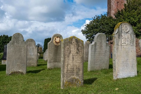 Talking gravestones, Süderende, North Sea island of Föhr, North Frisia, Schleswig-Holstein, Germany