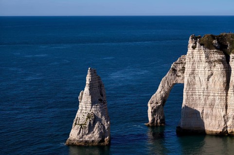Rock arch Falaise or Porte d'Aval and rock needle Aiguille, Étretat, sea, steep coast, cliffs,