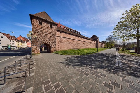 City fortification, city wall, city gate, footpath, general architecture, concrete paving stones,