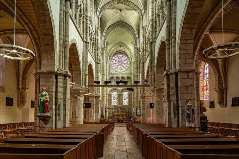 Interior of the Notre-Dame church in Bonneval, Centre-Val de Loire, France