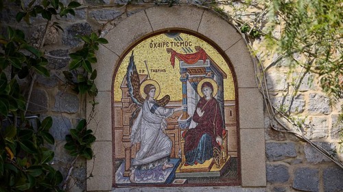 Religious mosaic painting of the Annunciation with Mary and an angel, woman's monastery,