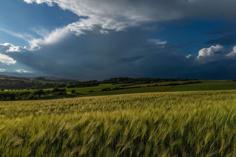 Dramatic cloudy sky with approaching storm and last rays of sunshine, Frankenhain, dark cloud wall,