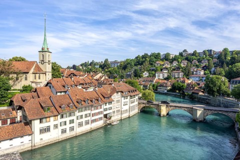 Bern City on the River Aare Old Town with Nydegg Church in Bern, Switzerland