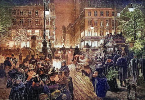 Christmas Eve Unter den Linden in Berlin, coloured wood engraving, Reproduction from a model from