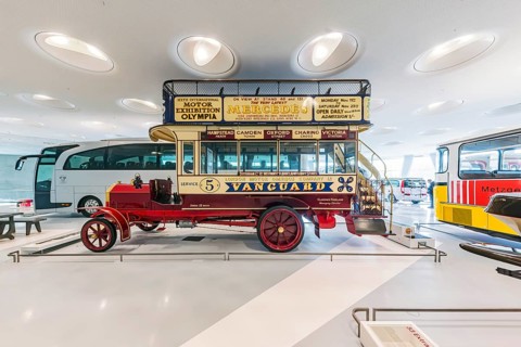 Milnes-Daimler double-decker bus from 1907. The Mercedes-Benz Museum in Stuttgart presents a