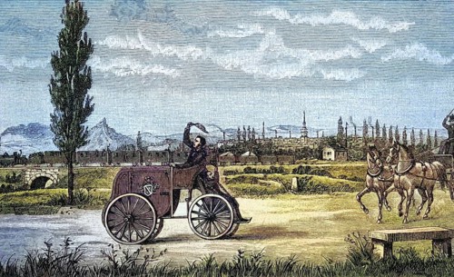 Kröner's driving machine from 1846, coloured wood engraving, reproduction from a model from ca