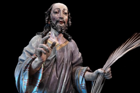 Palmesel, created in 1767, detail of Jesus, on a black background, Städtisches Museum,