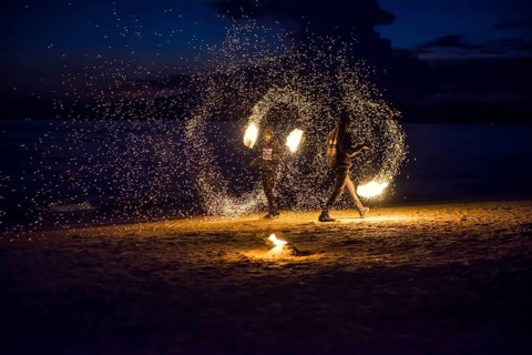 Fire show, jugglers with fire, Ao Nang Beach, sunset, Ao Nang, Krabi, Thailand