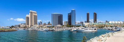 USA, California, San Diego Bay marina and Seaport Village in downtown near Gaslamp Quarter