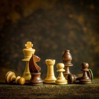 On a weathered wooden surface, a collection of chess pieces is arranged creatively. The knight