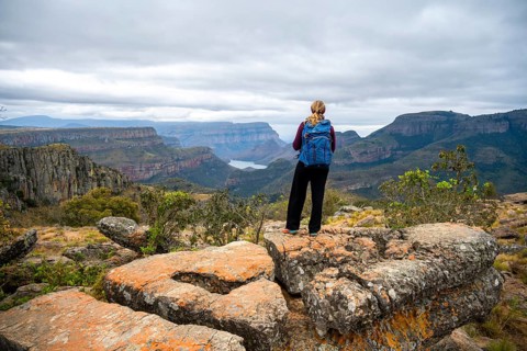 Tourist at Lowveld Viewpoint, View of the Blyde RIver Gorge, Canyon landscape, Blyde River Canyon,