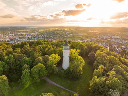 Idyllic view of a tower surrounded by woods at sunset, Engelberg Tower, Leonberg, Germany
