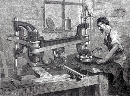 Leather processing, worker at a machine for smoothing leather, around 1880, digitally improved