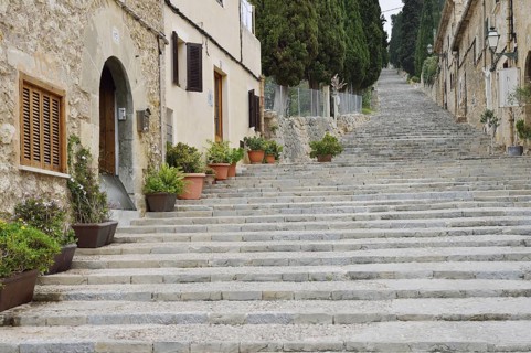 Staircase Carrer del Calvari to the Calvary, Pollenca, Majorca, Balearic Islands, Spain