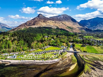 Loch Leven and Holiday Park from a drone, Glencoe, Highland, Scotland, United Kingdom