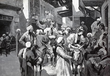 Street trading in Cairo, Egypt, coloured wood engraving, reproduction of an original from ca 1888,