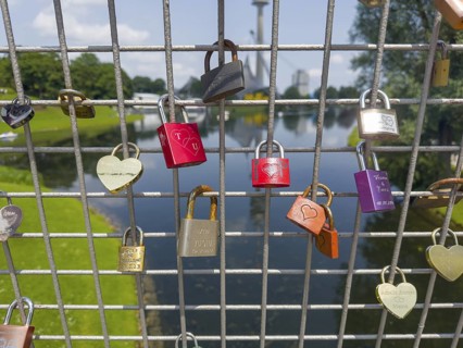 Love locks in the Olympic Park, Munich, Bavaria, Germany