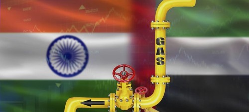 Gas pipeline with United Arab Emirates and India flag. Production and export of United Arab