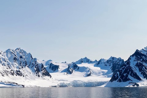 Glacier tongue, ice, mountain range, sea, Smeerenburg, Spitsbergen, Svalbard