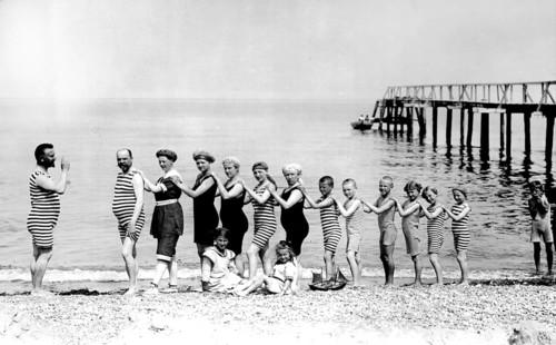 Beach, Baltic Sea, Summer holiday, In a row of organ pipes, 1920s, Group of people in striped