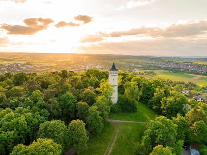 Tower with surrounding paths rises out of a green thicket under the sun, Engelberg Tower, Leonberg,
