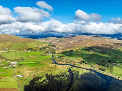 Farms and Moors over Loch Harport from a drone, Drynoch, Isle of Skye, Highlands, Scotland, United