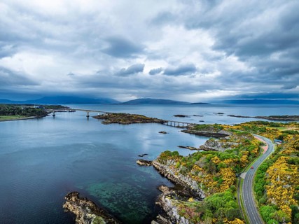 Skye Bridge over Loch Alsh from a drone, Kyle of Lochalsh, Isle of Skye, Scotland, England, United